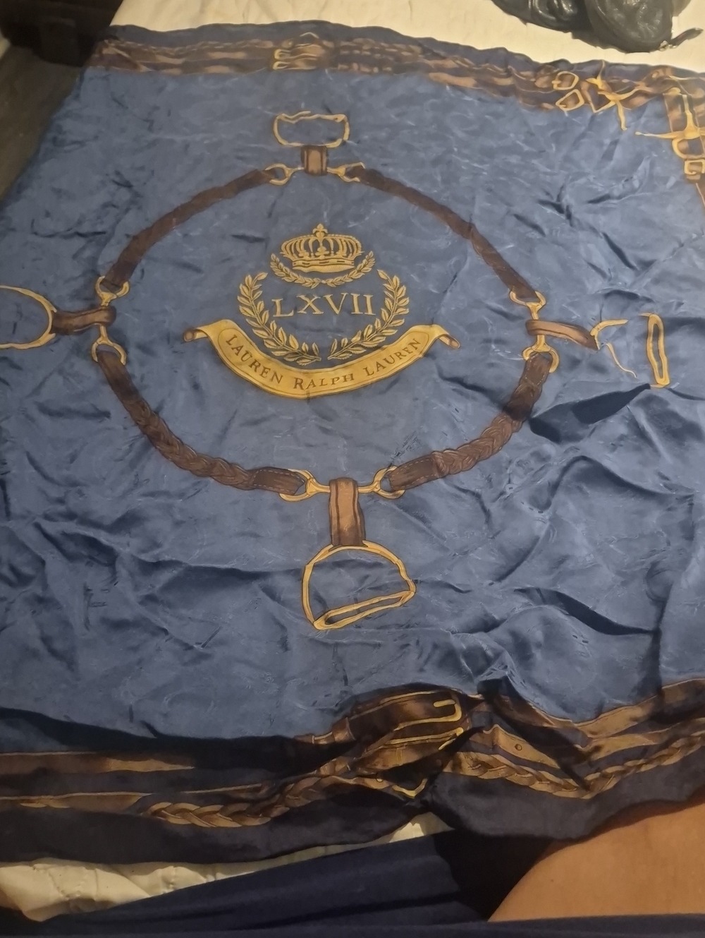 Lauren Ralph Lauren Blue Comforter with Brown and Gold Crest Motif34 Inch *34inc